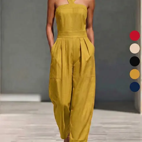 Women's Mustard Jumpsuit, Casual Slim-Fitting Cross Neck Sleeveless Design, Plain Pattern Unlined Bottoms, Spring Summer New Arrival, Fashion Jumpsuit