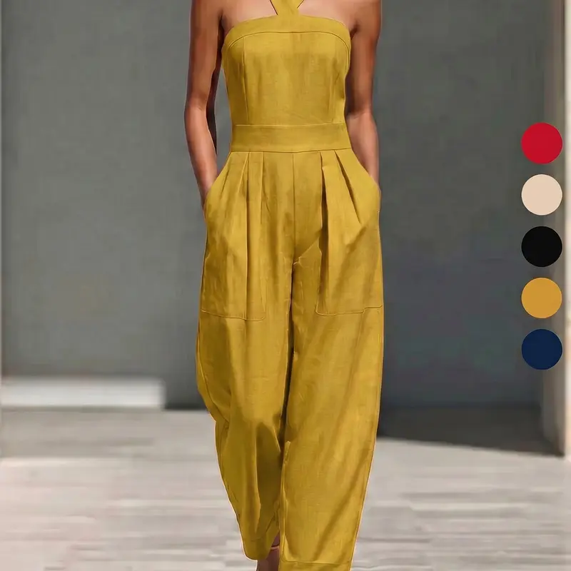 Women's Mustard Jumpsuit, Casual Slim-Fitting Cross Neck Sleeveless Design, Plain Pattern Unlined Bottoms, Spring Summer New Arrival, Fashion Jumpsuit
