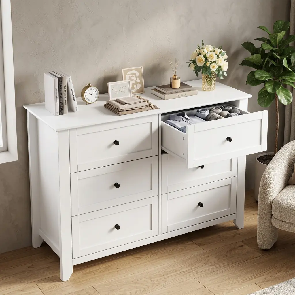 Spacious & Modern 6 Drawer Dresser – Wide Wooden Chest with Deep Storage, Metal Knobs, Versatile Organizer for Bedroom, Closet, Nursery, Living Room, Entryway