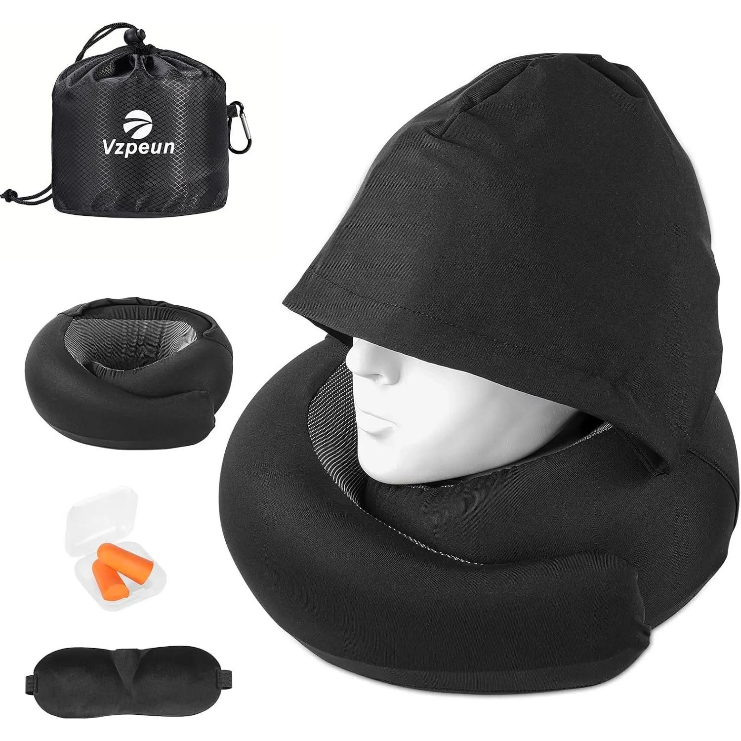 U-Shaped Hooded Travel Pillow with 360° Support, Airplane Filling, Eye Mask & Earplugs for Airplane Sleep, In-Car Use (Black)