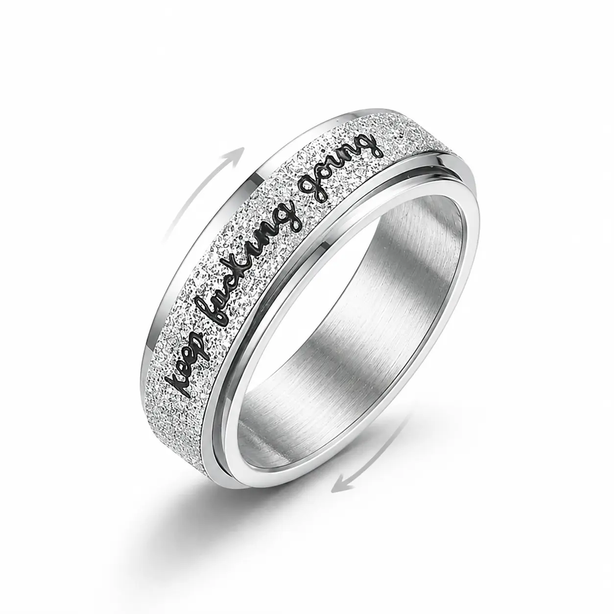 Stainless Steel Rotating Fidget Spinner Ring - Letter Engrave "Keep Going", Rotating Band with Tactile Spin, Simple Look Everyday Use Inspirational Jewelry Gift for Women, Unisex Wear