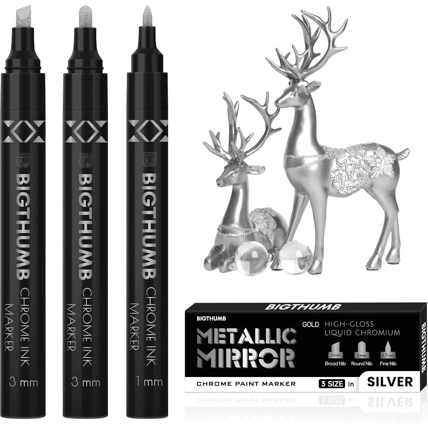 3-Count Oil-Based Permanent Liquid Chrome Markers - Adults Safe, High Gloss, Mirror Effect, Metallic Look, Multiple Tip Sizes for Office Stationery Repair, Model Painting DIY Art Projects