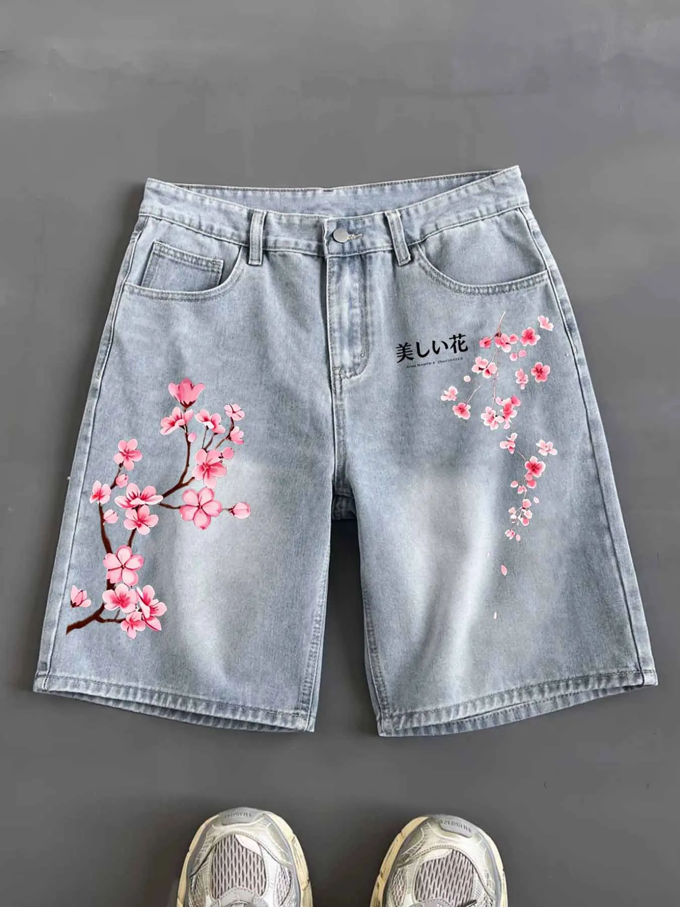 Men's Spring Fall Casual Jeans Shorts, Loose Fit Light Blue, Vintage Cherry Blossom Floral Japanese Pattern, Street Style Streetwear, Fashion Hip Hop, Menswear