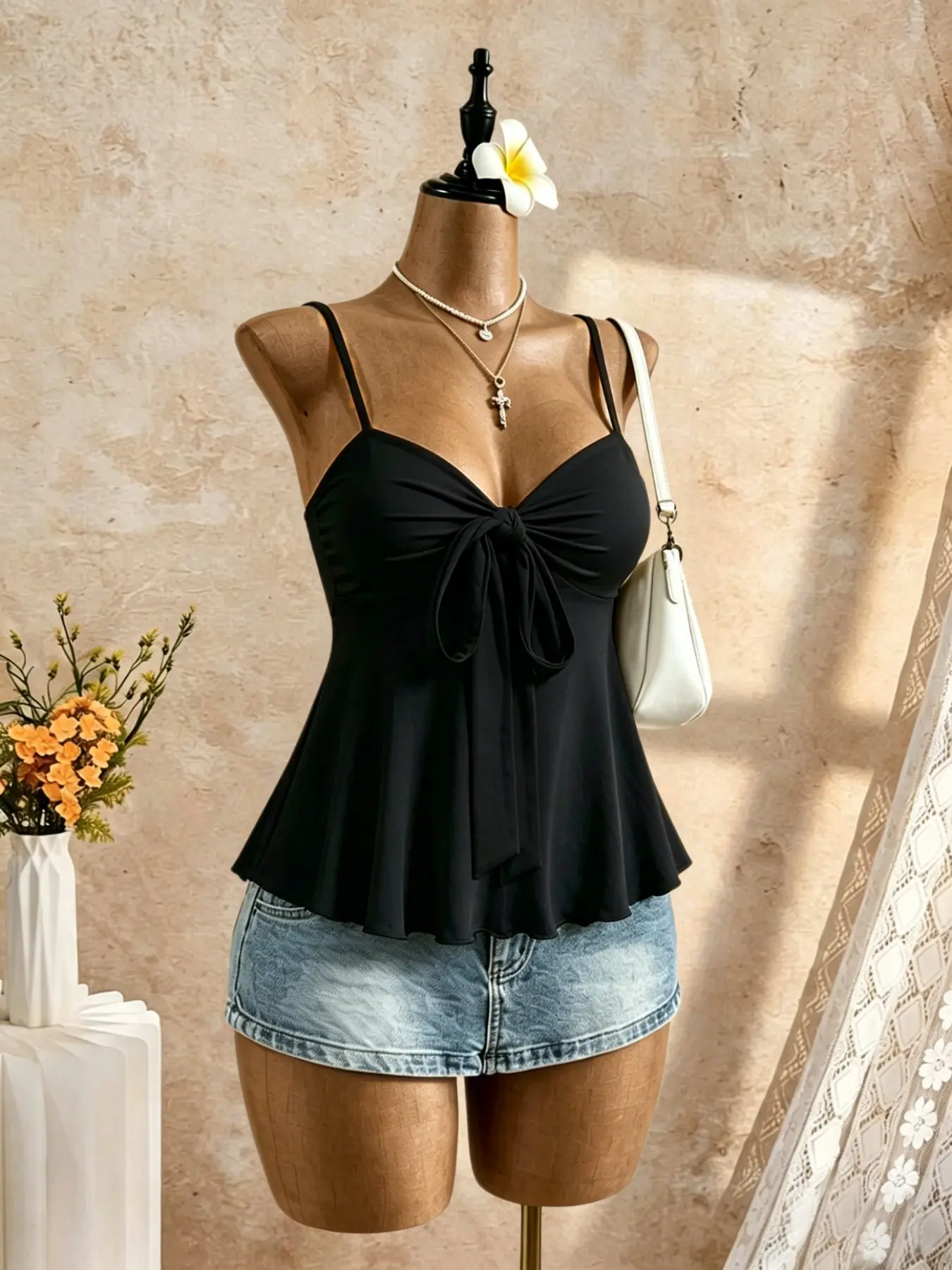 Women's Butterfly Knot Ruffle Strapless Top, Feminine Sweet V-Neck Sleeveless Camisole Top Shirt, Summer Beach Vacation & Casual Wear, Flowy Hem Backless Vest