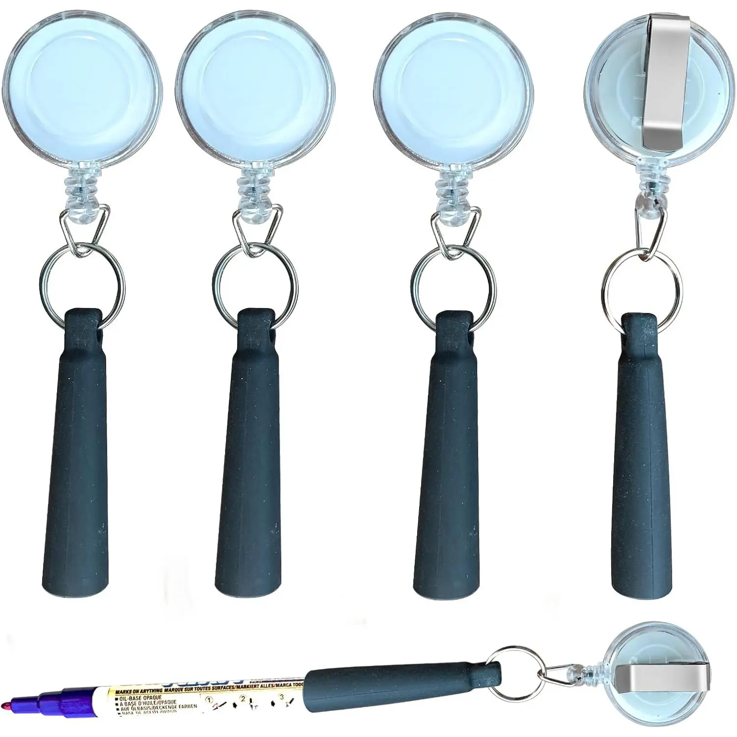 4-Pack Transparent White Retractable Reel Duty Pen Holder - Thick Nylon, Tight Metal Belt Clip, Ideal for Carpenters, Pens/Markers, Retractible