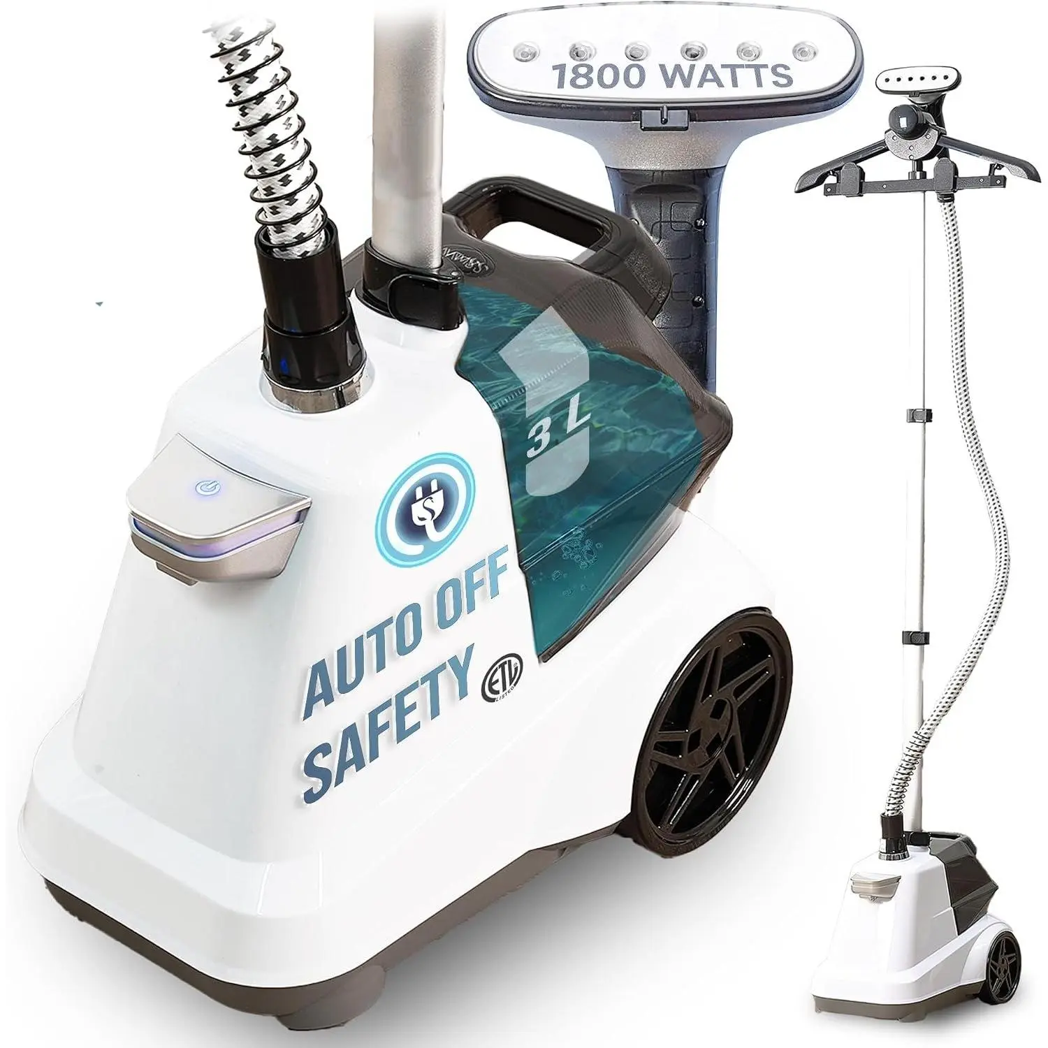 (R) Heavy Duty  Auto Shut-off Commercial Full-Size Garment Steamer, Beeping Alert when Water Runs out, Foot Pedal Control, XL 3L (101.5 oz) , 1800 watts, 90+min of Continuous Steam, White