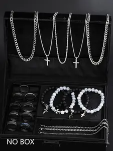 Men's Stainless Steel Jewelry Set, Casual Cross Necklace & Bracelet Pair, All-Seasons Accessory Gift for Birthdays & Dates