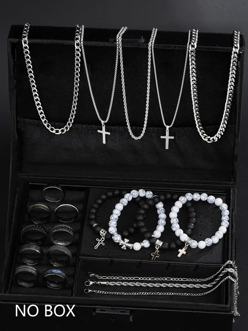 Men's Stainless Steel Jewelry Set, Casual Cross Necklace & Bracelet Pair, All-Seasons Accessory Gift for Birthdays & Dates