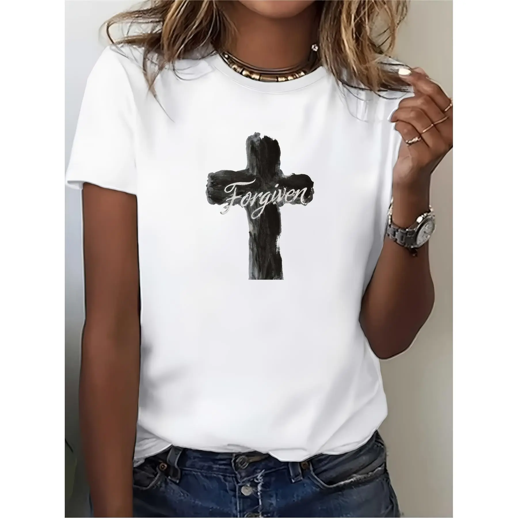 180g Ultra-Soft 'Forgiven' Cross T-Shirt for Women | Perfect for Family Reunions, Church Events, and Christian Gift-Giving | Ideal for Summer and Labor Day Celebrations | Stylish and Comfortable Women's Tee Unisex Vintage Graphic