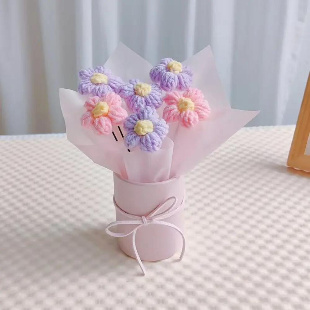 Handcrafted Crochet Flower Bouquet with Pink Vase - Includes 5 Crochet Flowers, Fabric, Wrapping Paper, and Decorative Ribbon - Perfect for Mother's Day, Valentine's, Birthdays, or Anniversary Gifts - Spring Home Décor, Crochet Supplies