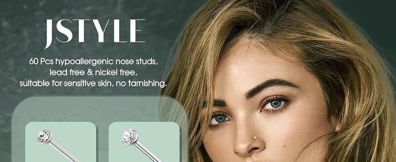 Jstyle 60Pcs Hypoallergenic Stainless Steel Nose Studs for Women Men Sparkly CZ Small 22G Nose Studs Rings Piercing Body Jewelry 1.5mm 2mm 2.5mm