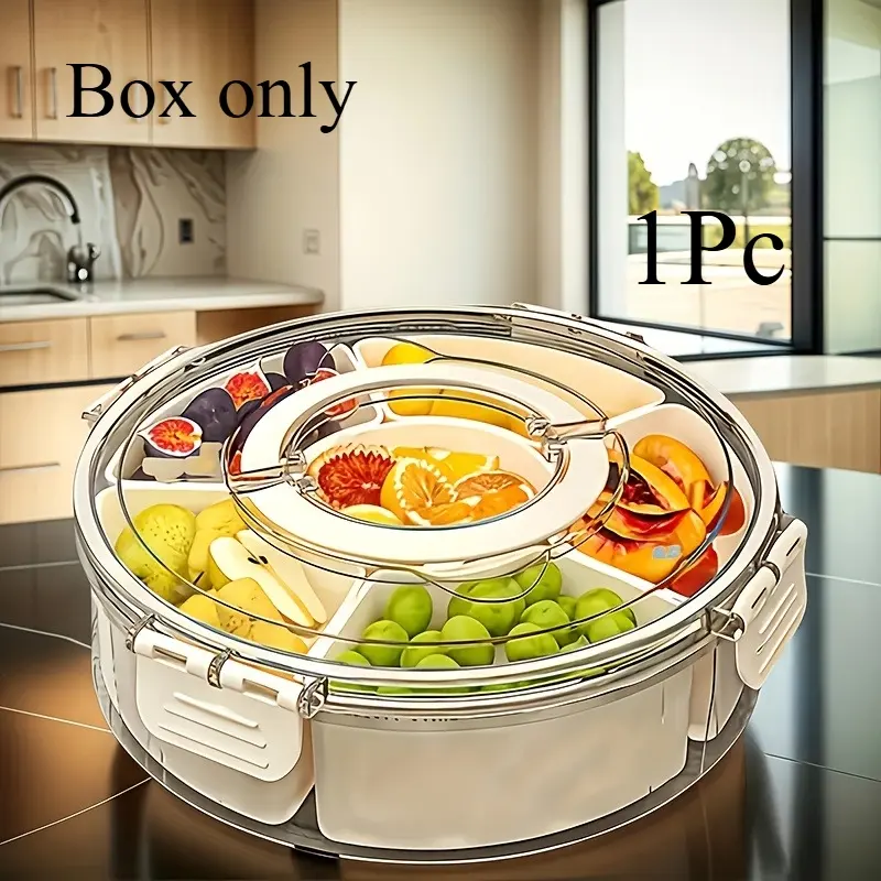 1 Portable Snack Tray – Durable & Transparent, 6-Compartment Design with 360° Rotating Base, Leak-Proof Lid, and Handle – Space-Saving Organizer for RVs, Kitchens, Picnics, Parties, and Travel – Suitable for RV and Home Countertops; Dishwasher Safe