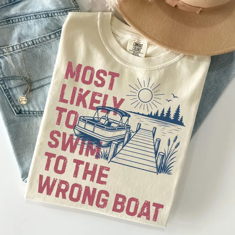 Women Casual Short Sleeve T Shirt Funny Summer Lake Boat Dock Sun Graphic Tee Soft Comfortable Crewneck Top for Outdoor Camping Boating Trip Vacation Everyday Wear