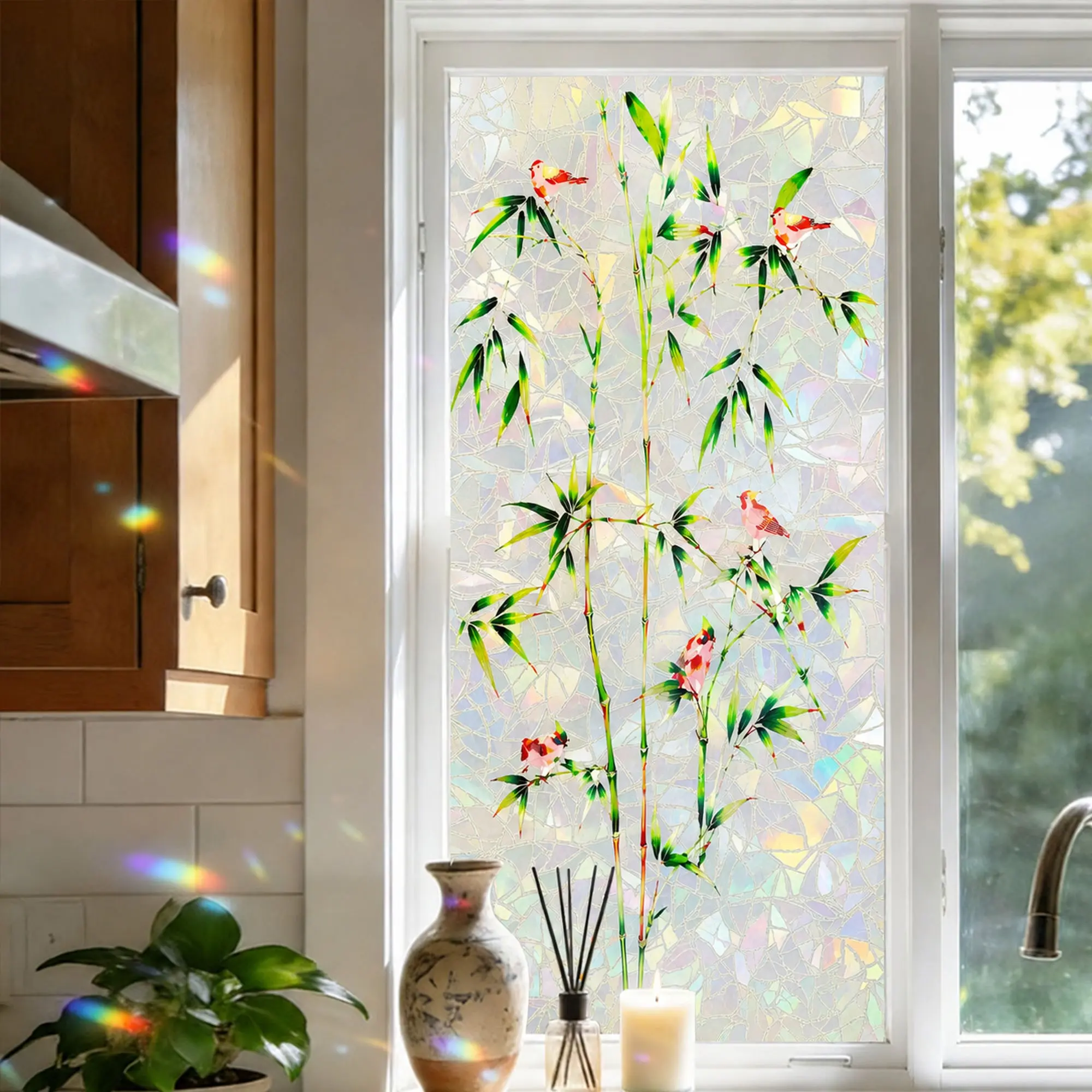 17.7x39.4in Decorative Privacy Window Film, Bamboo Bird & Vintage Floral, Rainbow Stained Glass, No-Glue Removable for Home Use, Interior Film