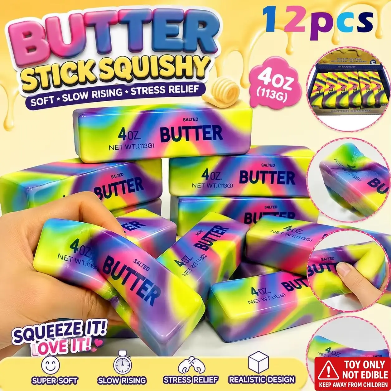 12PCS Realistic Butter & Cheese Stick Satisfying Squishy Toy, Slow Rising ASMR Tactile Fidget Squeeze Toy, Stress Relief Anxiety Squishy Sensory Play Desk Toy for Adults, Dazzling Color Fidget Gift for Home & Office, Anxiety Squishies