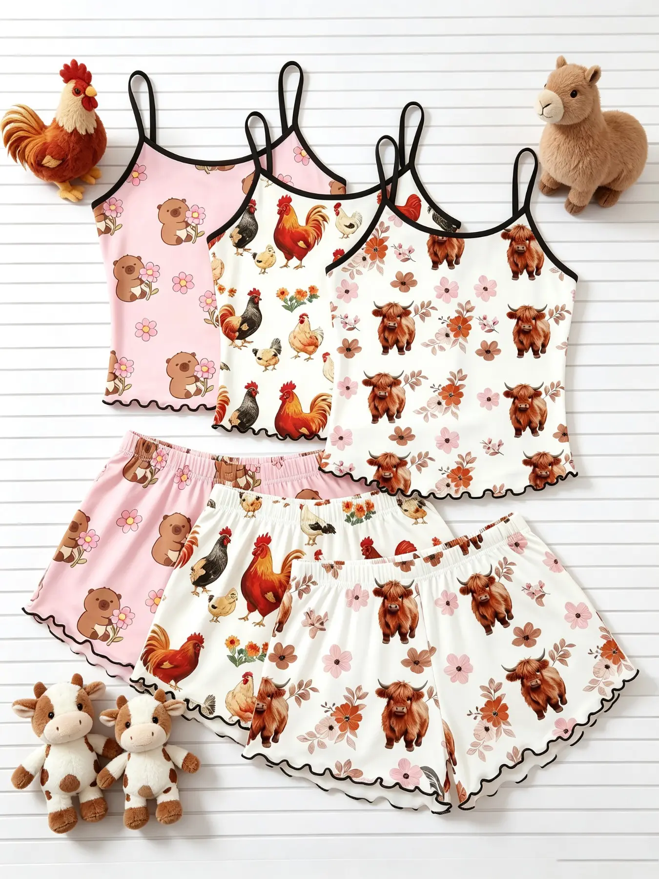 Women's Sleepwear 6 Pack Value Matching Set Highland Cow Rooster Farm Animal Floral Print Summer Spaghetti Strap Lettuce Ruffle Hem Contrast Trim Soft Breathable Lightweight Stretchy Cami Top Shorts Home Lounge Casual Daily Wear Multipack Sleep Set