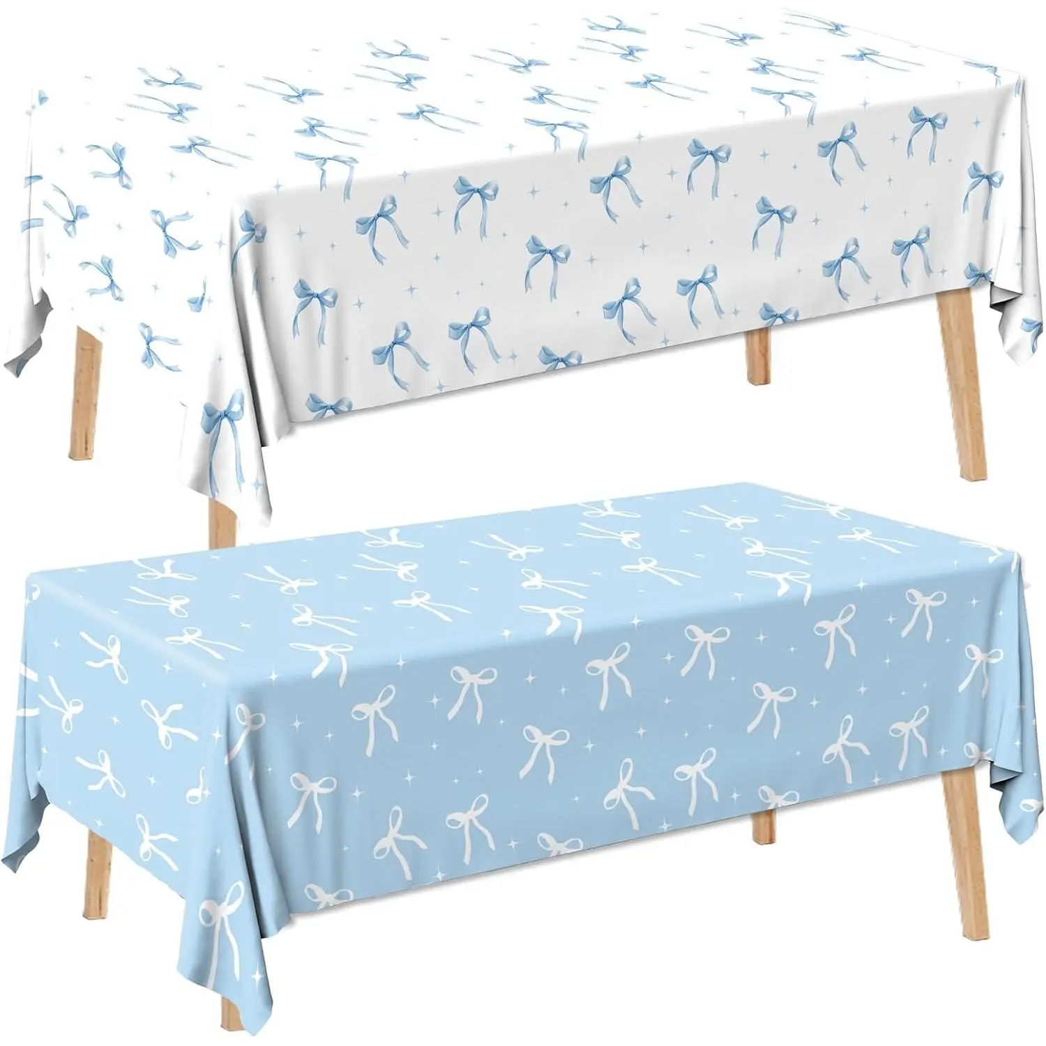 2Pcs Blue Bow Plastic Rectangle Tablecloth Bow Theme Table Cover for Coquette Birthday Bachelorette Baby Shower Party Decorations for Girls Women