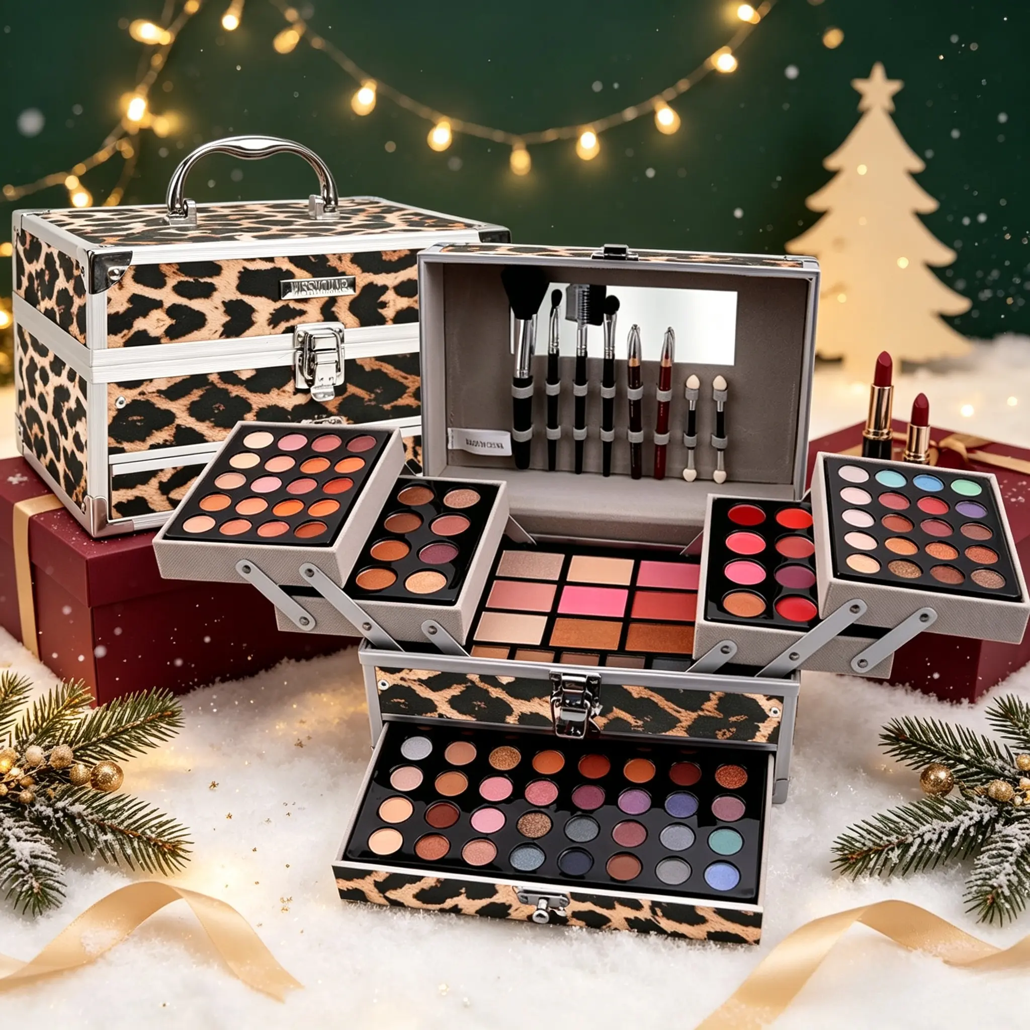 Leopard cased makeup palette, Makeup palette set, with matte shimmer eyeshadows and pigmented blush, Professional Western color scheme with creamy creaseless powder, versatile for commute, parties, gift and personal use, Makeup Sets