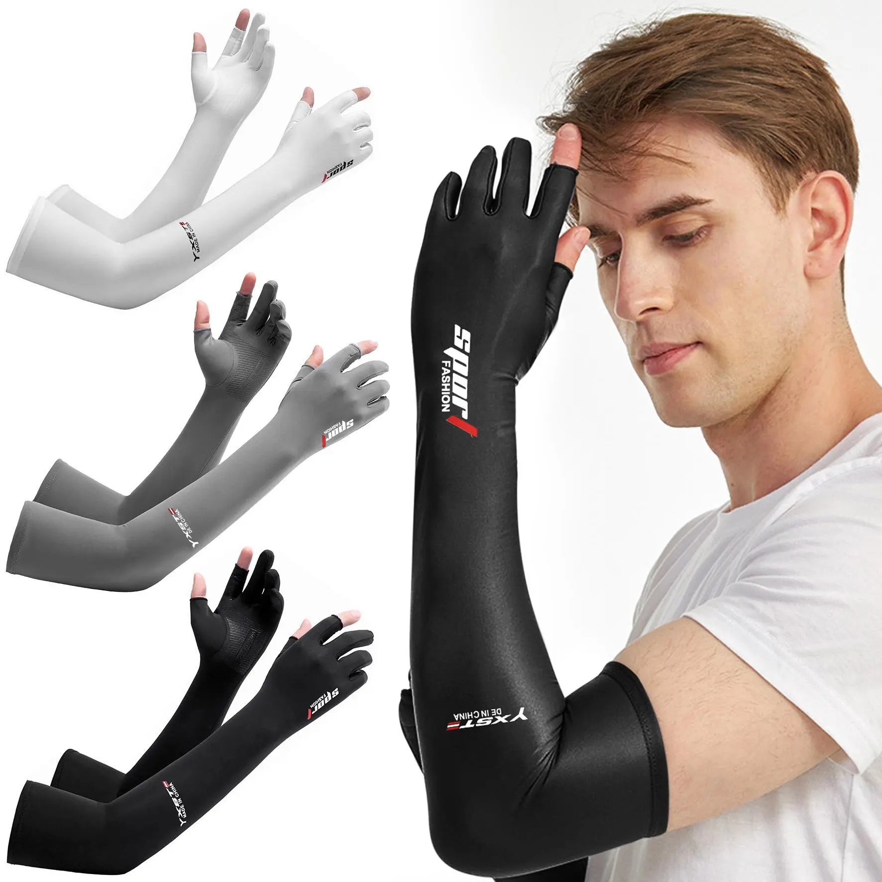 Ice Silk Sun UV Protection Arm Sleeves with Half Finger Gloves, Cooling Non-Slip Sunblock Arm Guards for Outdoor Cycling, Running, Driving & Fishing