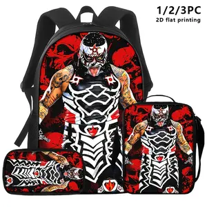 1PC/3PCS backpacks, shoulder bags and storage bags, all printed with red and black color scheme wrestler pattern, designed with a sense of power and street style, suitable for trend lovers to use during daily commuting, travel or sports