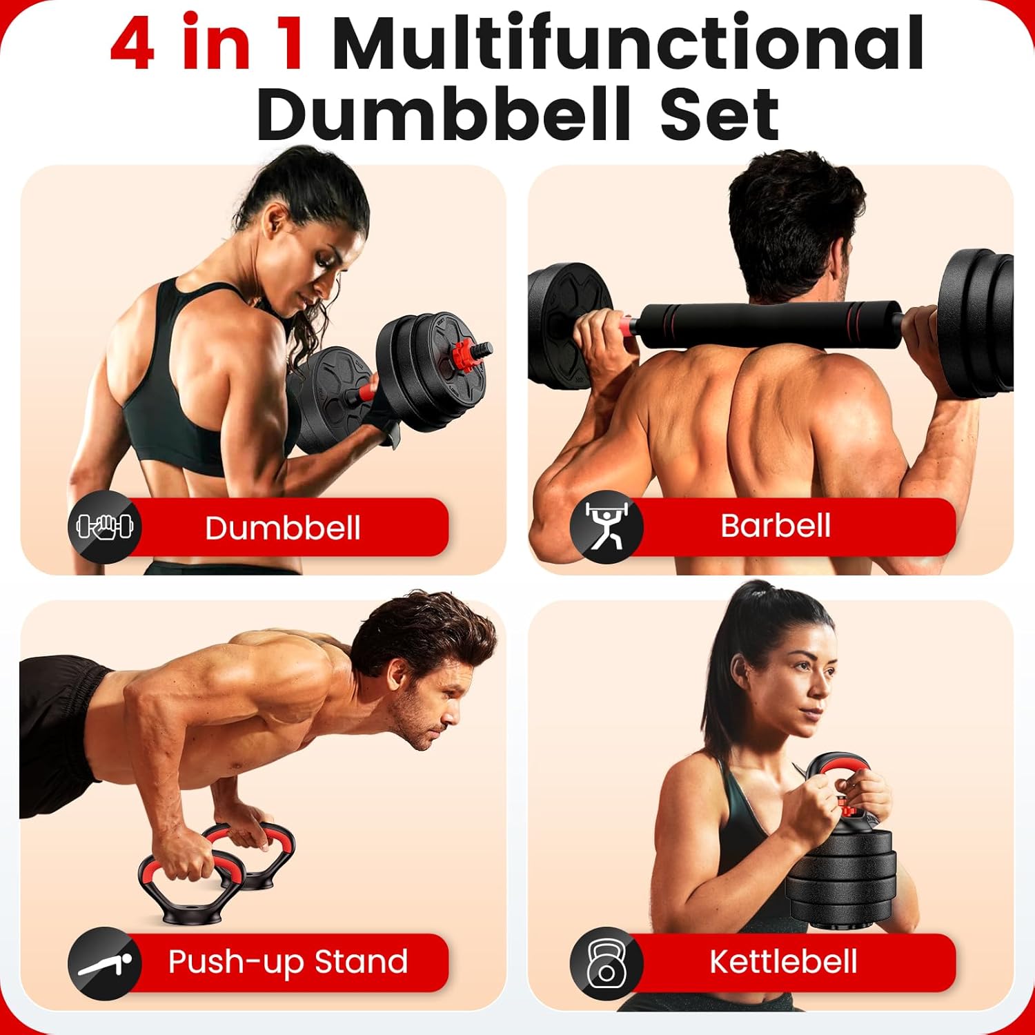 SUNDAY MIRTH Adjustable Dumbbell Set, 20/33/45/70/90lbs Free Weight Set with Connector, 4 in1 Dumbbells Set as Barbell, Kettlebells, Push up Stand, Weight Set for Gym Suitable Men/Women SUNDAY MIRTH Adjustable Dumbbell Set, 20/33/45/70/90lbs Free Weight Set with Connector, 4 in1 Dumbbells Set as Barbell, Kettlebells, Push up Stand, Weight Set for Gym Suitable Men/Women