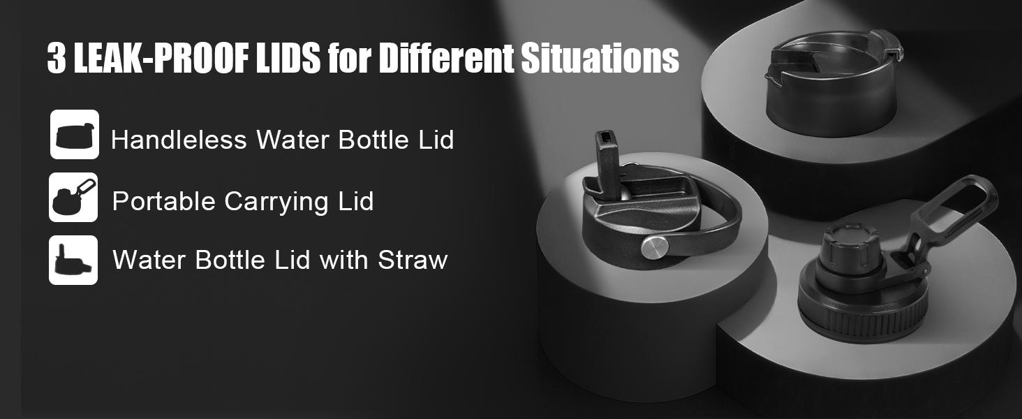 Tactical Half Gallon Water Bottle with Straw, 64 Oz Insulated Water Jug with Molle Water Bottle Holder, Stainless Steel Sport Bottle with 3 Lids for Gym Workout Hiking (Black)