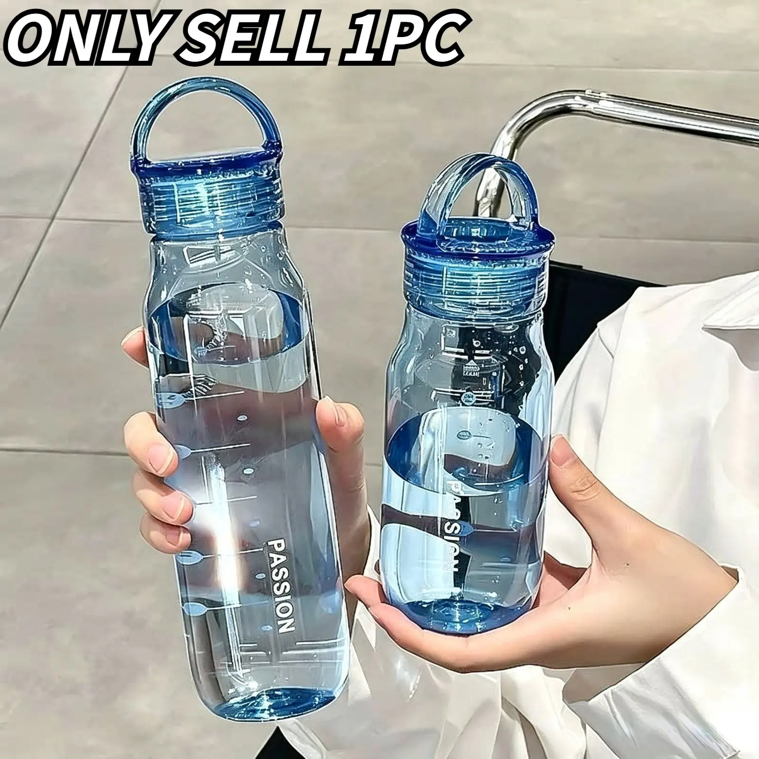 Passion Glacier Blue Measuring Portable Water Bottle, Transparent Plastic, Large Capacity, Outdoor Fitness, Camping, Travel, Daily Use