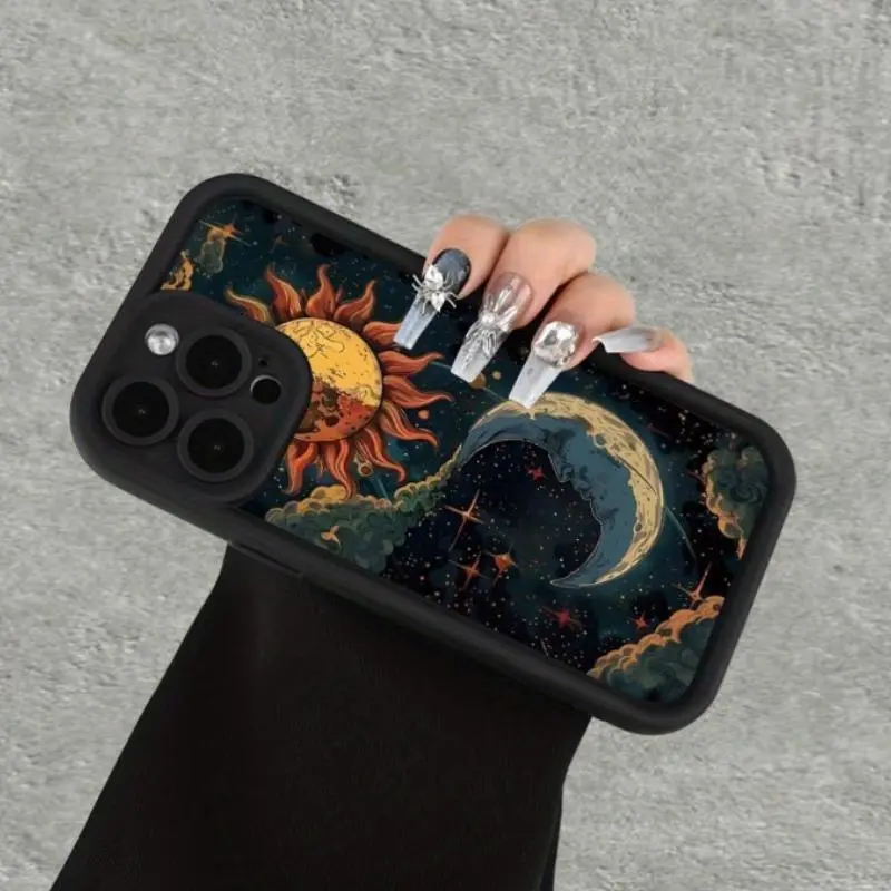 Retro Sun and Moon Pattern Protective Silicone Cellphone Case, Slim Fit Casing for iPhone 17/16/15/14 Pro Max/13/12/11/Air/Plus, Shockproof, Full Camera Protection, Durable Phone Accessories (HMB95), Smartphone, Handheld