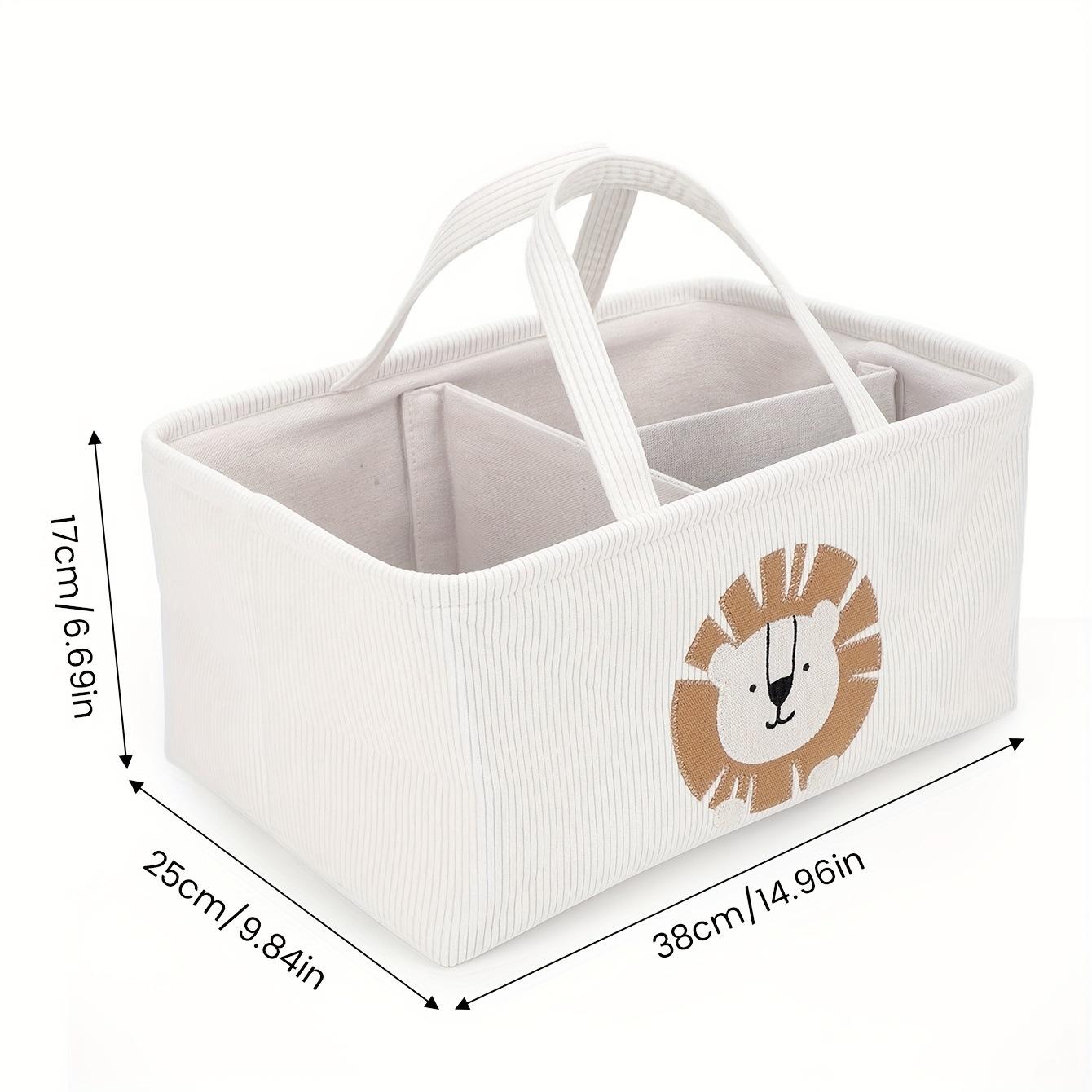 Cute Cartoon Lion Storage Basket with Handle & Divider, Portable Diaper Caddy Organizer for Baby Nursery, Toy & Clothes Storage Bin for Home