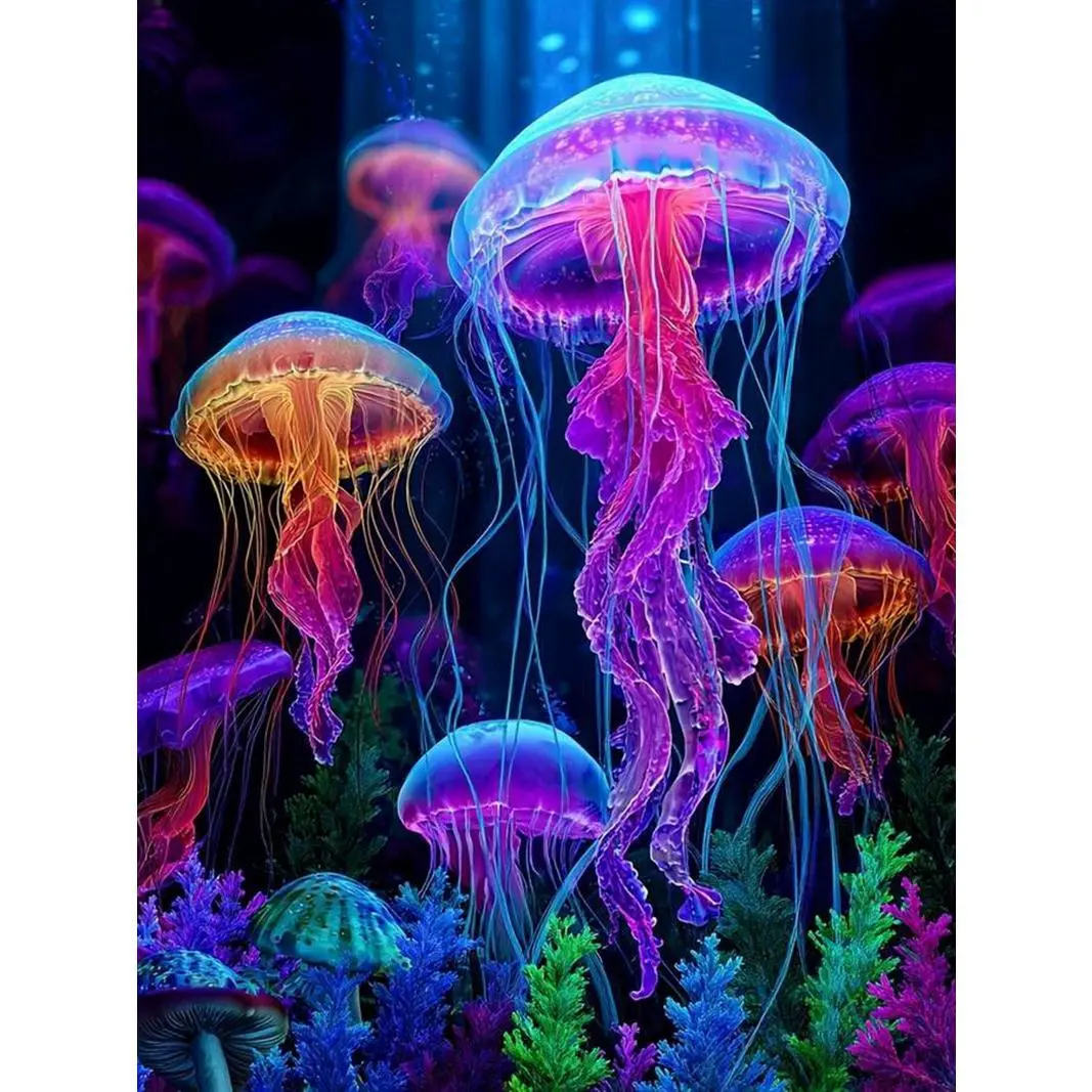 5D DIY Diamond Painting Kit - Luminous Large Jellyfish Underwater Coral Ocean Pattern, Full Round & Square Drill Rhinestone Mosaic Craft, Waterproof Anti-Fall Stress Relief Handmade Wall Art Home Decor Gift