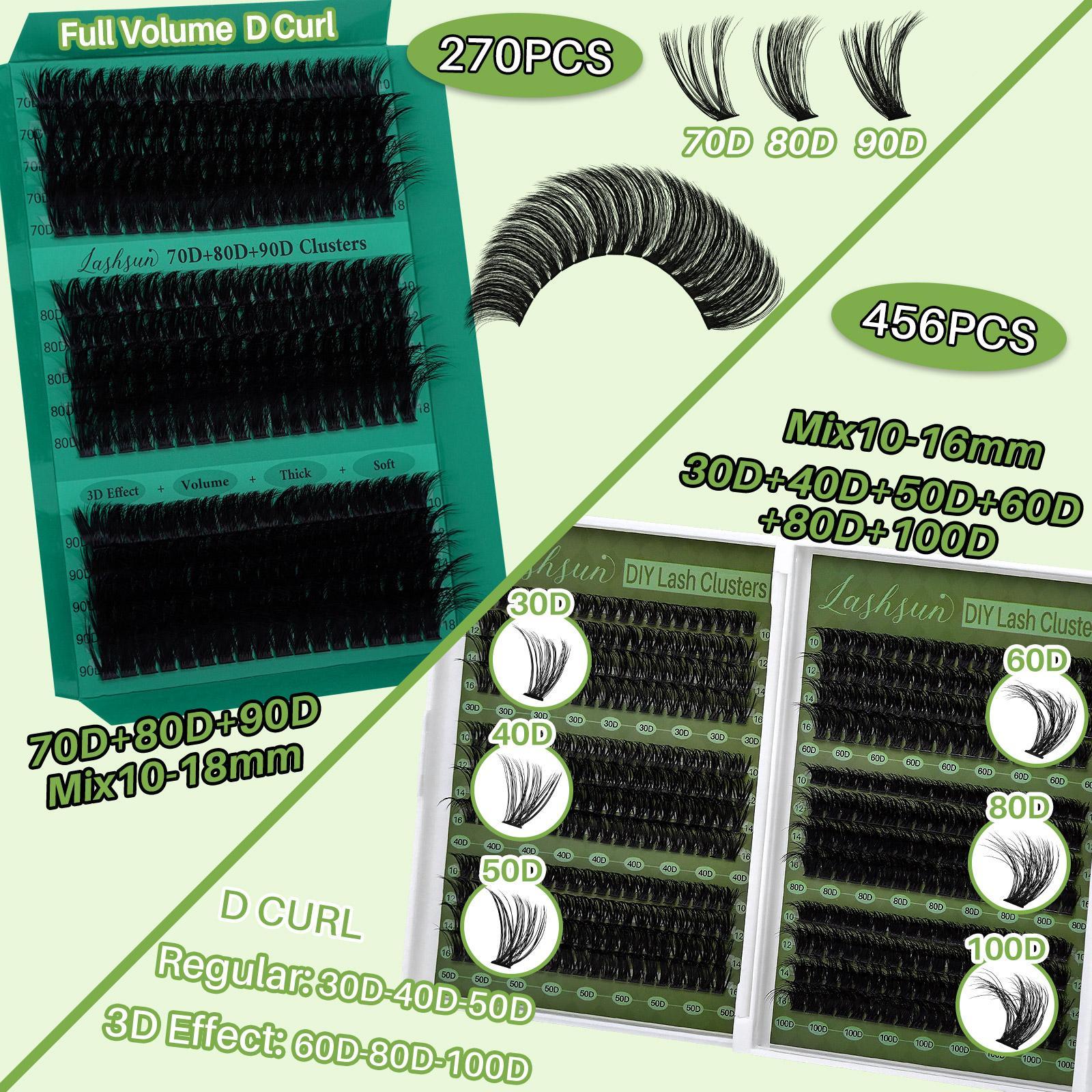 LASHSUN 14PCS BIG KIT, DIY Lash Clusters D Curl High Capacity  Mixed Length 8 styles Volume & 3D Effect Cluster Lashes Kit, Kit with Bond&Seal Lash Remover Lash Brush Headband Wristband Tweezers Lash Shampoo & Brush