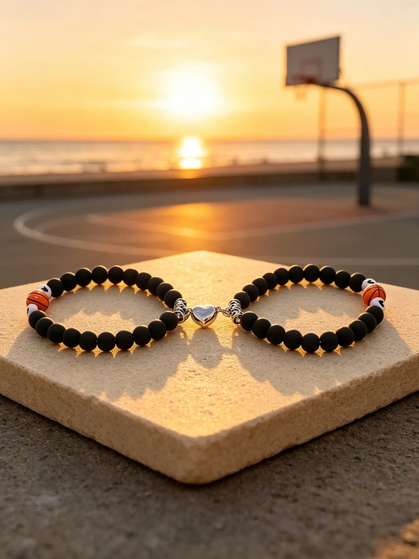 2Pcs Basketball Sport-Themed Couple Matching Beaded Bracelet Set, Magnetic Absorb Heart Charm Design, Stackable Fashion Jewelry For Basketball Enthusiasts, Perfect For Game Watching, Daily Wear, Sports Gathering, Anniversary And Friendship Gifting