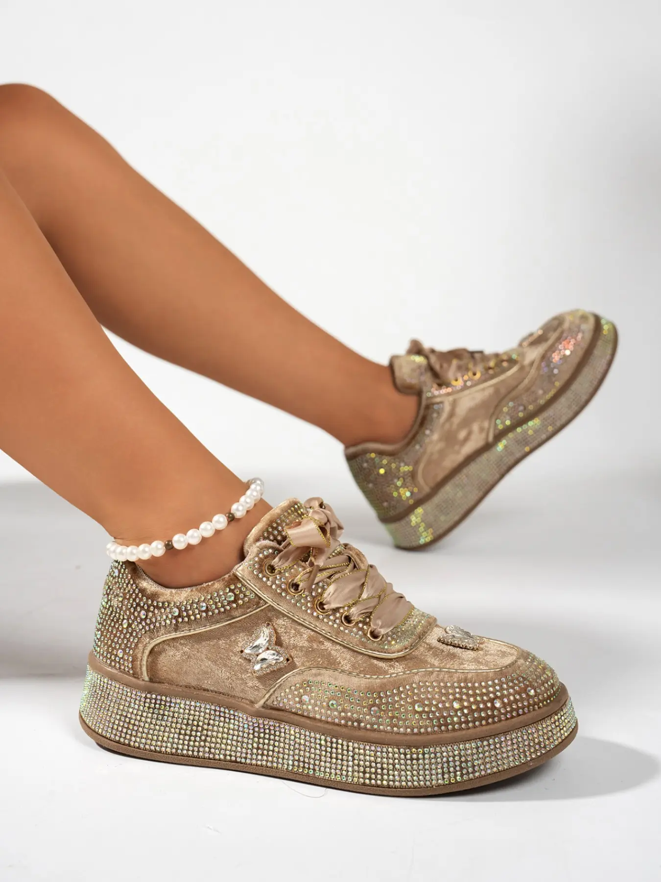 Women's Velvet Rhinestone Thick Sole Sneakers, Bow Rhinestone Decor, Fashion Casual Shoes for Streetwear and Daily Wear, Thick Soled Shoes