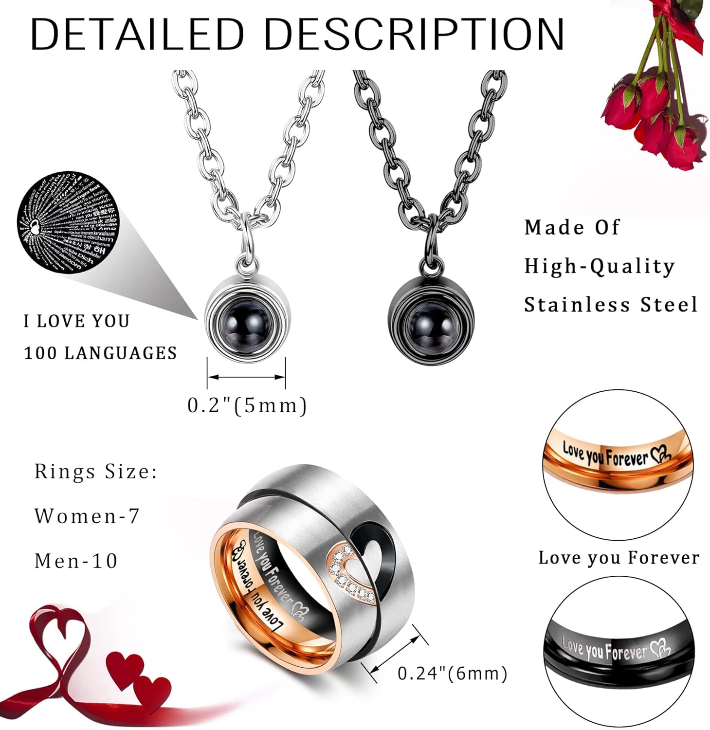 Couple Projection Necklaces 100 Languages I Love You Pendant Set Matching Promise Rings with Love You Forever Inner Engraving Stainless Steel Hypoallergenic Gift for Him and Her