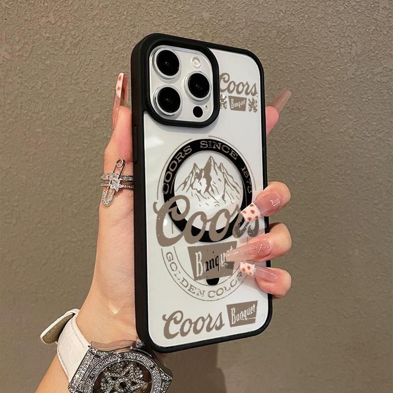 Vintage COORS Letter Pattern Premium Magnetic Phone Cases for iPhone 16 15 14 Pro Max 13 12 11 Plus Smartphone Shockproof Protection Acrylic Cover Cellphone Protective magsafe magnetic case Aesthetic Resistance Casing Protector Silicone White