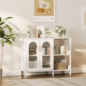 Modern Glass Door Sideboard Buffet Cabinet – 2-Tier Adjustable Shelves – Gold Metal Handles – Accent Storage for Dining Room, Living Room, Kitchen, Hallway, Entryway, Coffee Bar