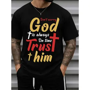Men's 180g 100% Cotton T-Shirt with Trust in God Religious Print - Casual Short Sleeve Round Neck Faith Apparel, Black Tee for Church, Gifts & Casual Attire
