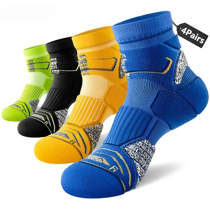Men's 4-Pair All-Season Ankle Socks - Breathable Mesh Fabric, Basketball Towel Sole, Wear-Resistant Shock-Absorbing Sports Socks for Marathon Running