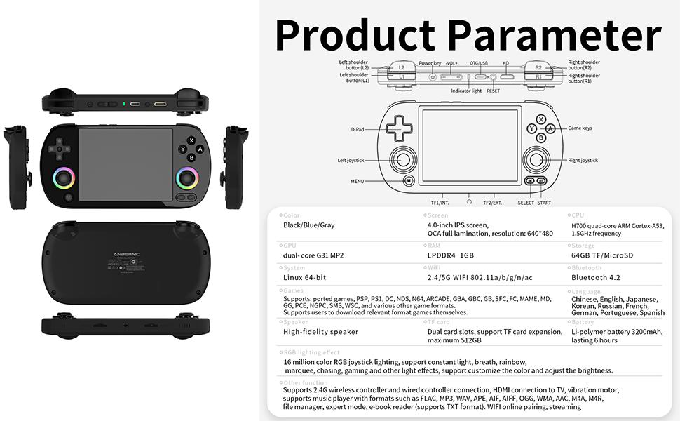 ANBERNIC RG40XX H Console De Jeux Portable - Écran IPS 4,0 Pouces 64 Go 5K Jeux - Bleu - Jeux Vidéo