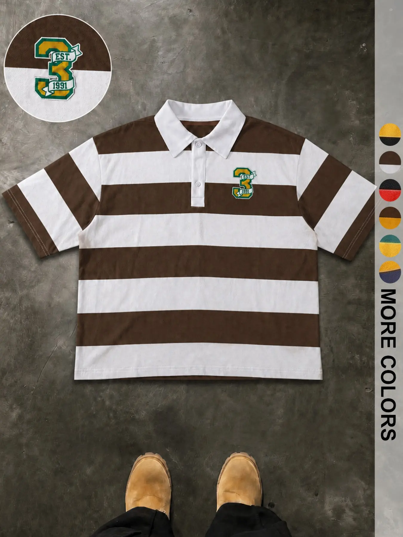 American Vintage College Style Polo Shirt, Colorblock Stripes Shield Logo Print, Casual Short Sleeve T-Shirt, Comfortable and Stylish