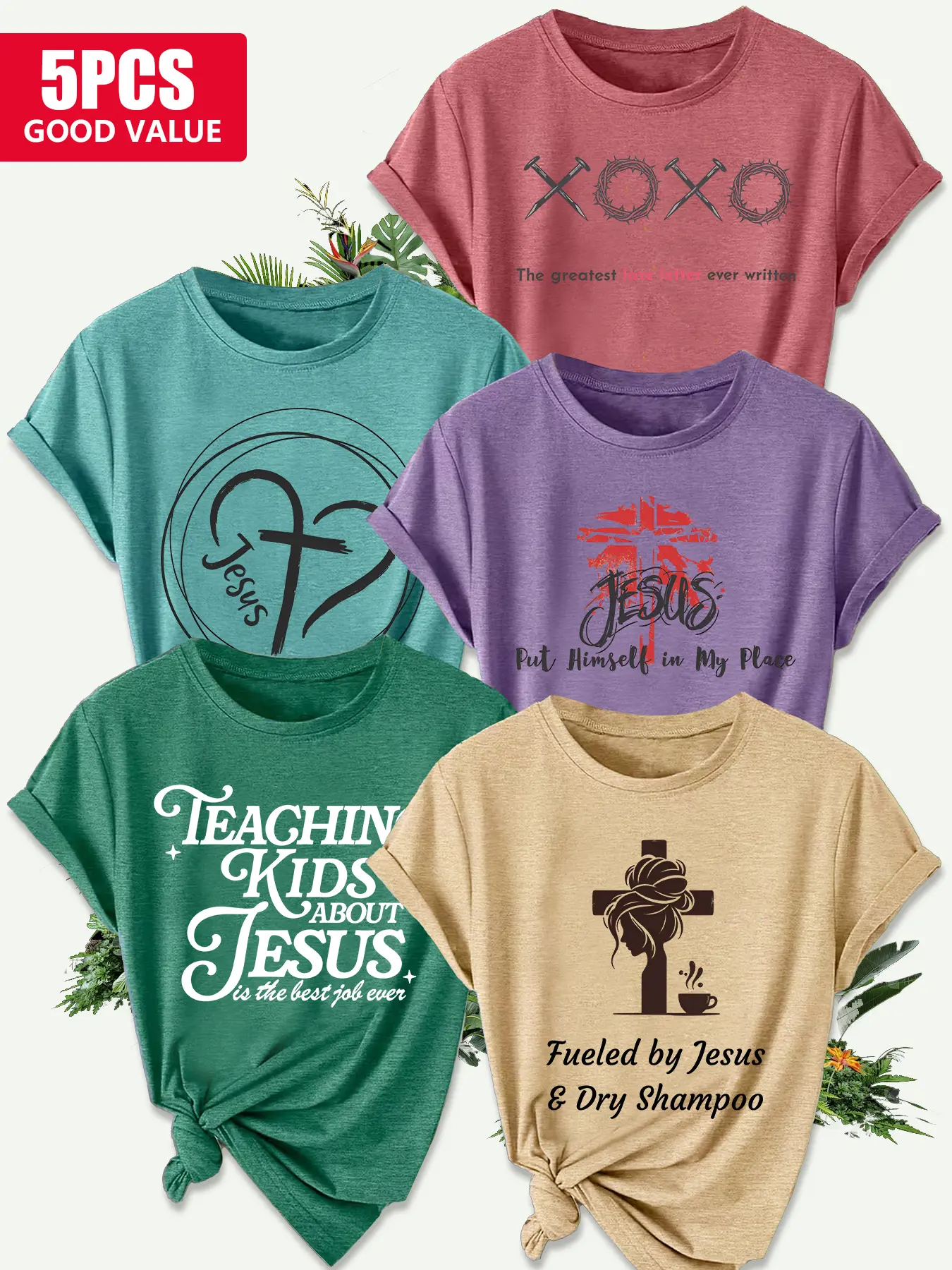 5Pcs Women Crew Tee,Religious Slogan & Cross Faith Print,multi-color,washable,soft summer top