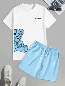 Men's Summer Set, Letter and Bear Pattern Print Round Neck T-Shirt + Outdoor Sports Drawstring Shorts, Casual Fashion