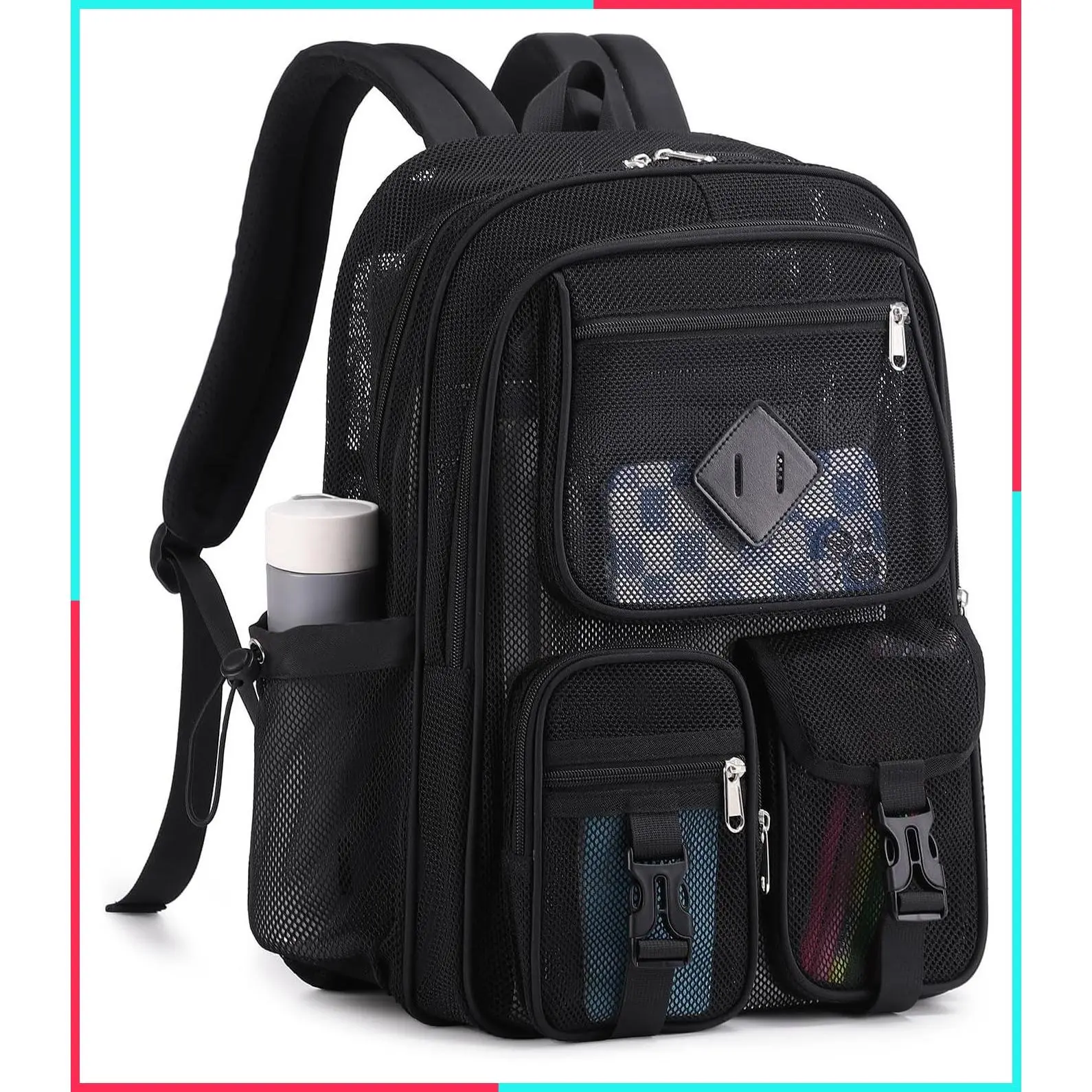 Heavy Duty Mesh Backpack for School, Beach, Swimming, Sports, Work & Travel – Semi-Transparent See Through Net Bookbag for Girls & Boys (Black)