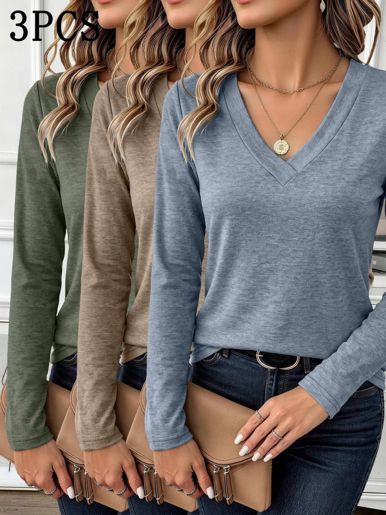 Women's Fashion Elegant V-Neck Long Sleeve T-Shirt 3-Piece Set, Solid Color, All Seasons, Fitted, Unlined, No Collar, No Button