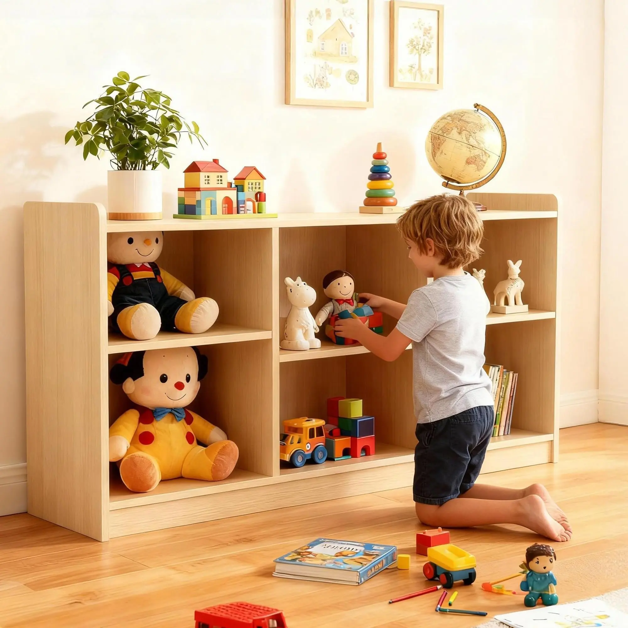 Montessori Shelf, 6 Compartment Toy & Book Organizer with Adjustable Dividers, Natural Finish Kids' Bookcase for Playrooms & Classrooms
