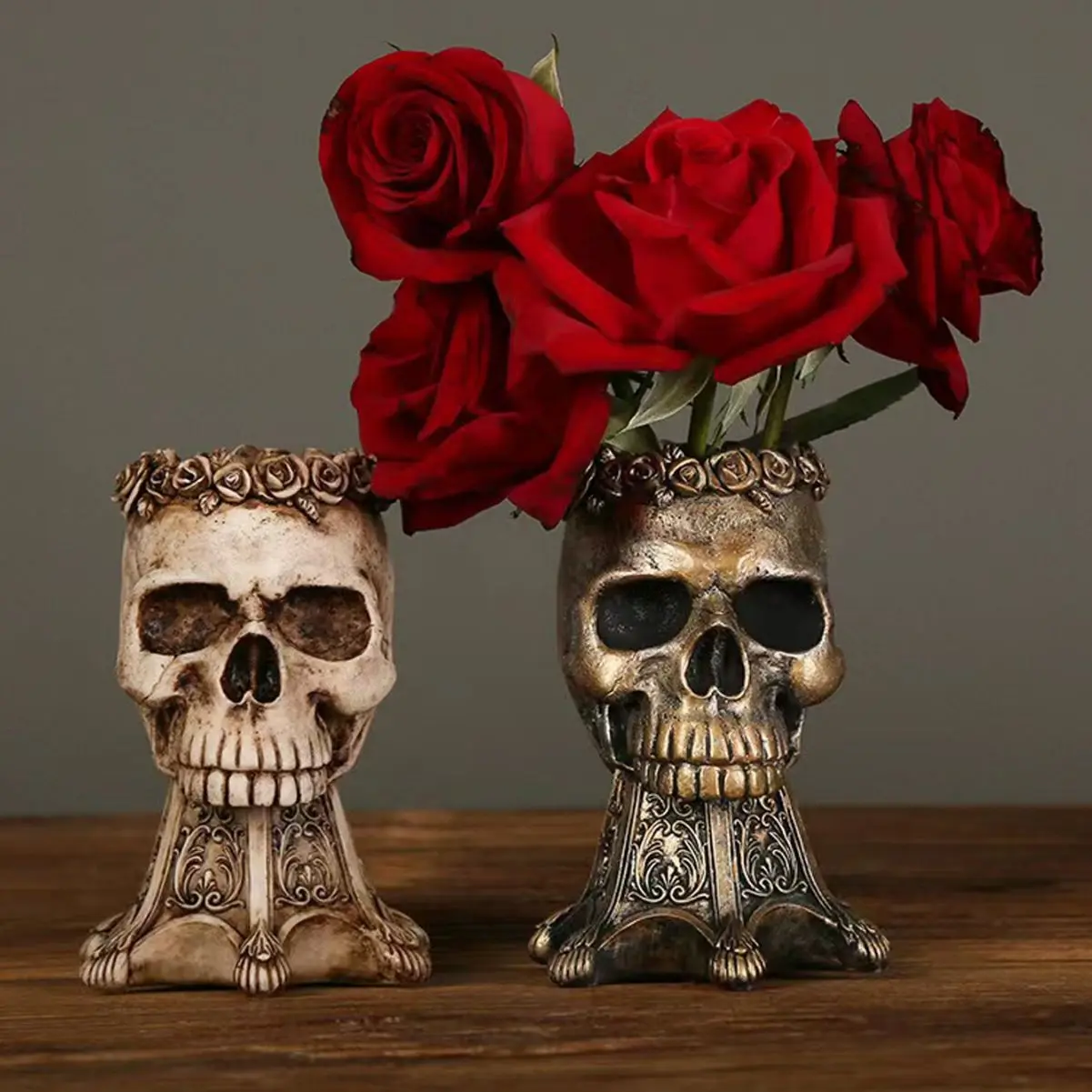 Vintage Skull Flower Vase Resin, Gothic Home Decor, Decorative Flower Vessel, Versatile Unique Indoor Decoration, Perfect Halloween Accessory, Creative Art Design, Vase For Flowers