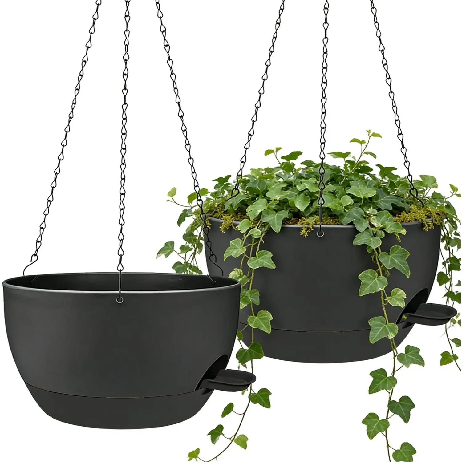 2 Pack 12 Inch Self Watering Hanging Planters, Large Black Plastic Hanging Pots with Chains for Indoor Plants Outdoor Patio Garden Home Decor