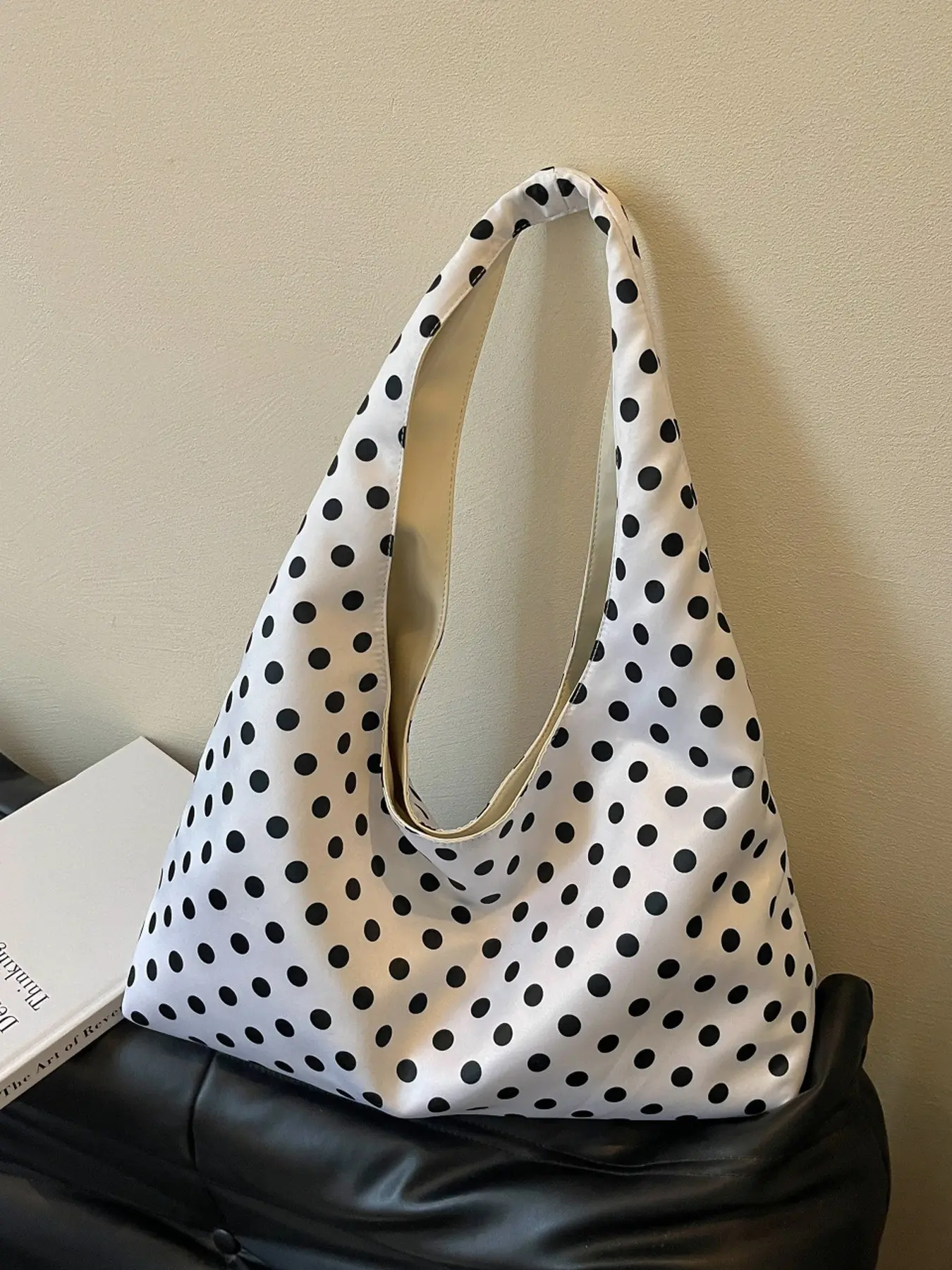 New Arrival Women Polka Dot V Shape Fashion Tote Bag Large Capacity Commuter Crossbody Shoulder Bag with Wide Long Strap for Office Workers Available in Beige White Gray Black Red Yellow Five Colors
