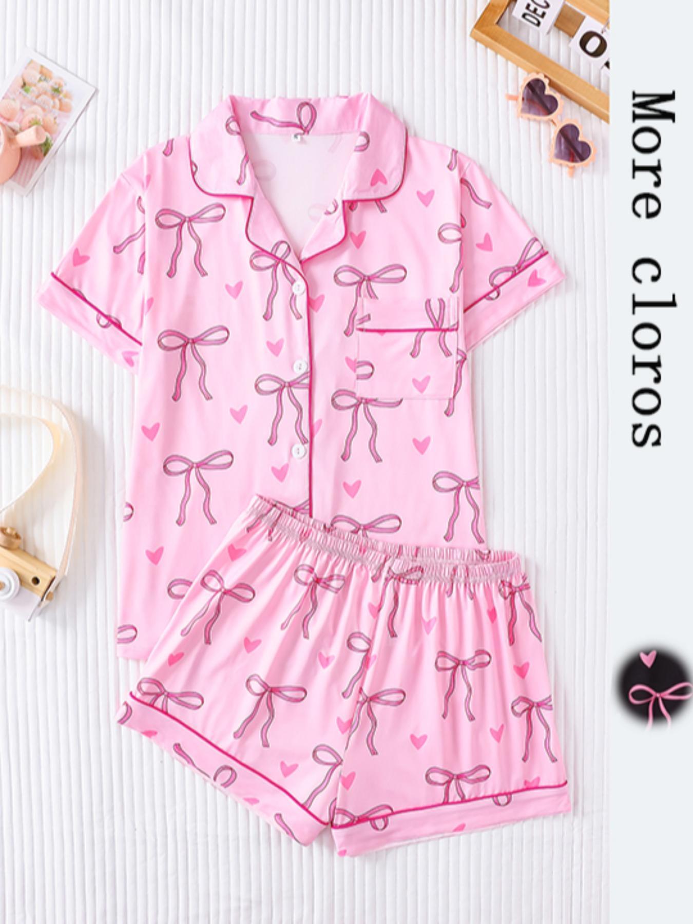Women's Bow Print Short Sleeve Tee & Shorts Pyjama Set, Comfy Button Up Top & Elastic Waist Shorts Set, Ladies Sleepwear for All Seasons, Lightweight Loungewear, Sleepwear Pajamas Set, Matching Pj Set, Summer Sleepwear