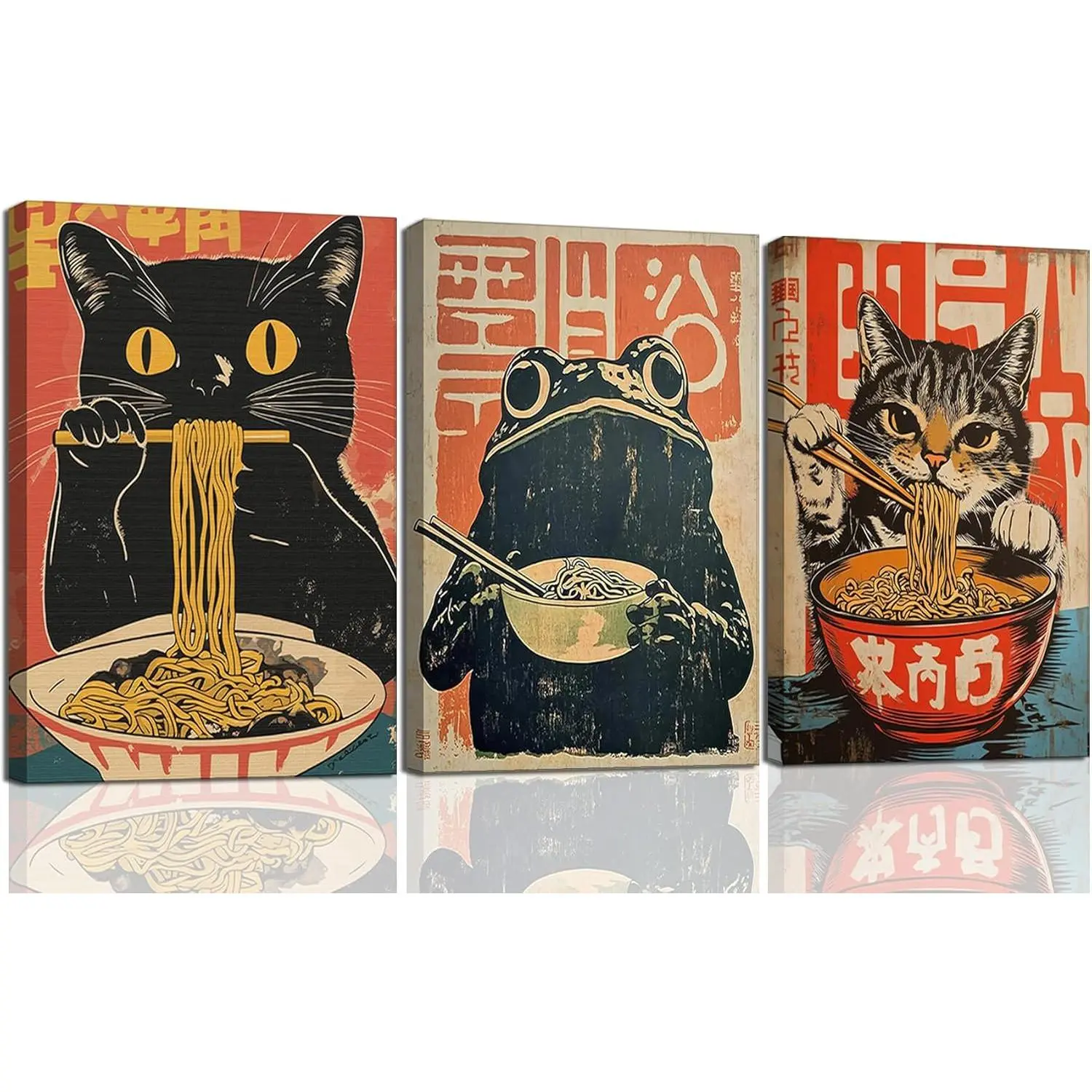 3Pcs Japanese Black Cat Eating Ramen Canvas Wall Art Funny Japan Cats and Frog Poster Prints Vintage Cute Tokyo Kitchen Picture Wall Decor for Kitchen Dining Room Animal Lover Gift12x16in Framed